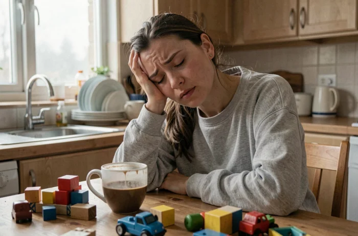 Mère épuisée assise à la table de cuisine, tête dans la main, illustrant les difficultés parentales quotidiennes