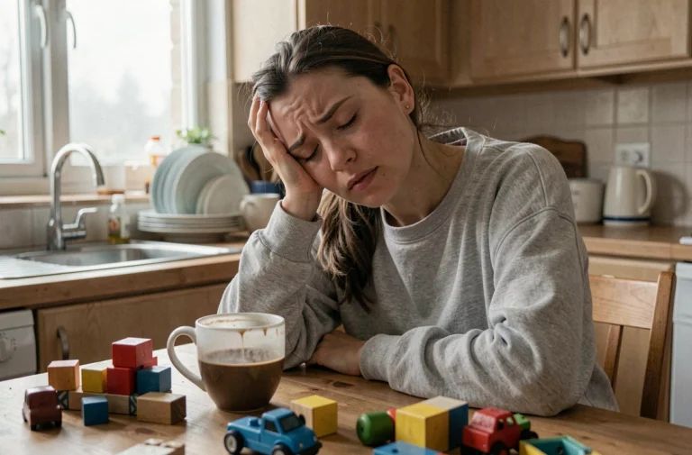 Mère épuisée assise à la table de cuisine, tête dans la main, illustrant les difficultés parentales quotidiennes
