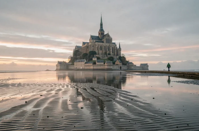Mont-Saint-Michel reflété dans les vasières à marée basse sous un ciel crépusculaire en Normandie