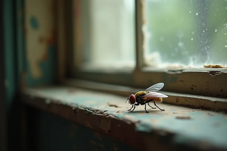 Mouche posée sur un vieux rebord de fenêtre en bois, symbolisme spirituel et signification mystique d'une mouche dans la maison