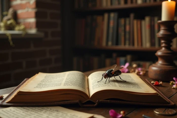 Mouche posée sur un vieux livre ouvert entouré de cire de bougie et de pétales séchés, interprétation symbolique et ésotérique de la présence d'une mouche