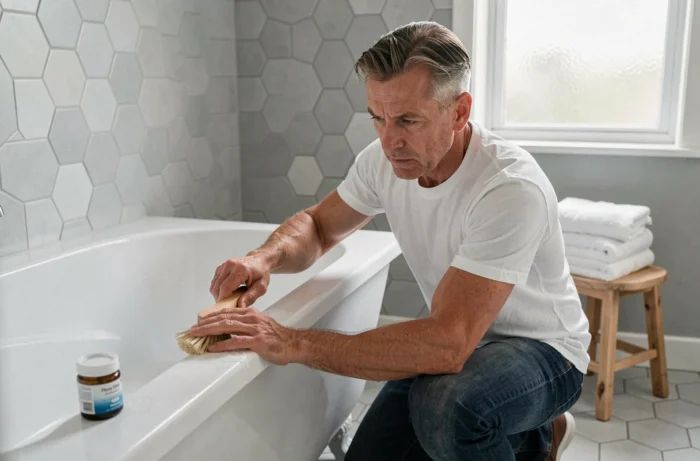 Homme nettoyant une baignoire avec un produit ménager naturel fait maison en remplacement du Domestos