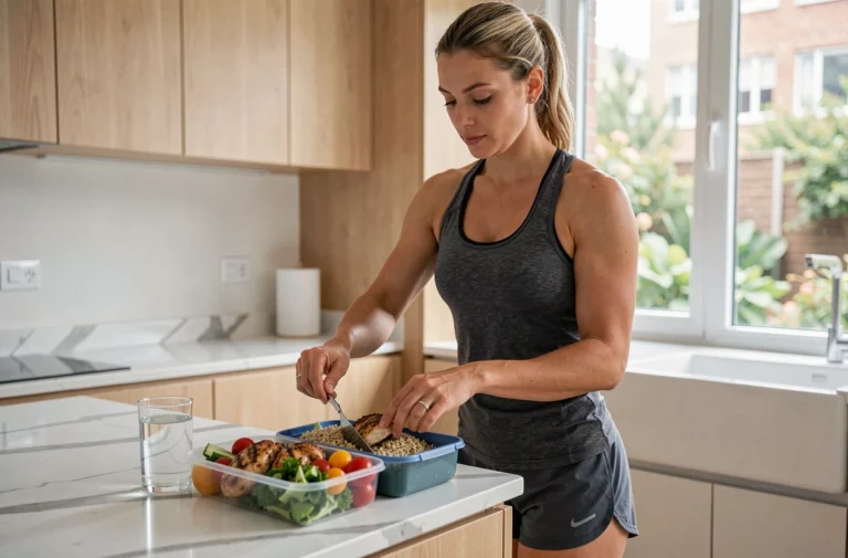 Sportive préparant un repas équilibré après l'entraînement avec des aliments riches en protéines et glucides complexes