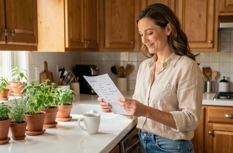 Mère de famille consultant un planning de repas hebdomadaire dans une cuisine familiale chaleureuse et organisée