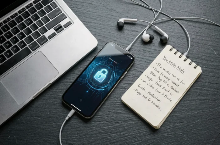 Vue de dessus des outils de cybersécurité incluant ordinateur portable et smartphone avec application VPN chiffrée