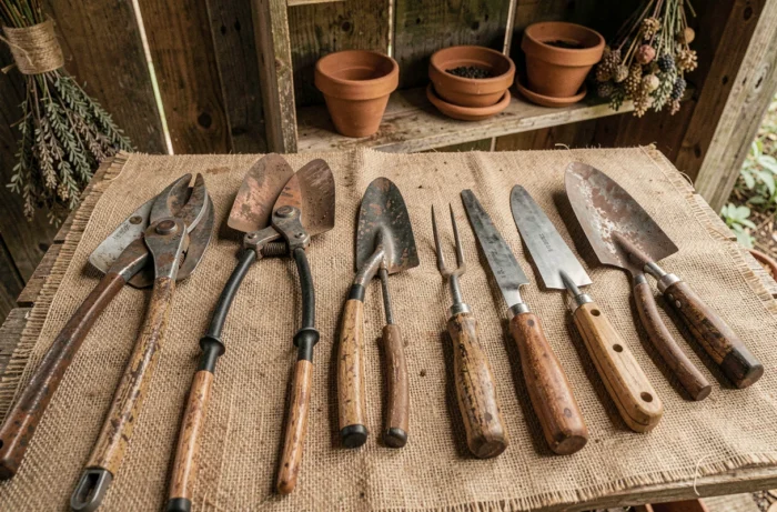 Collection d'outils de jardinage de qualité professionnelle organisés sur un établi en bois dans un cabanon de jardin