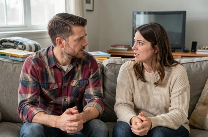 Couple de parents discutant ouvertement de leurs difficultés parentales dans un salon familial