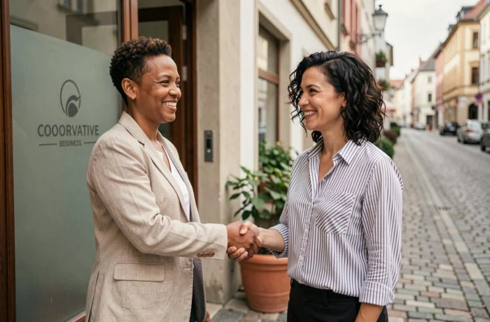 Deux femmes entrepreneures se serrant la main devant l'entrée d'un bureau de coopérative, symbolisant un partenariat commercial réussi