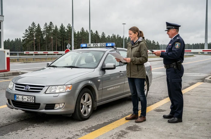 Femme remettant des documents douaniers à un agent lors de l'importation d'un véhicule norvégien à la frontière européenne