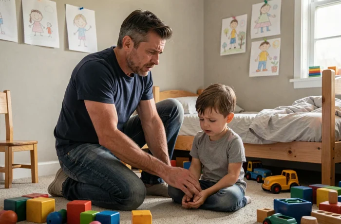 Père agenouillé face à son enfant dans une chambre, exprimant patience et épuisement parental