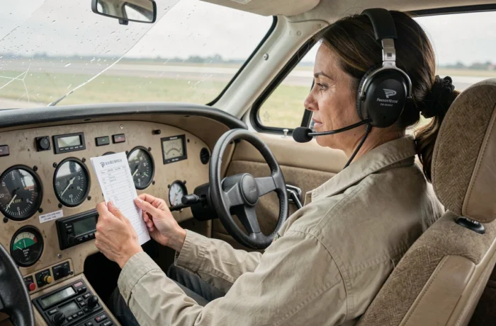 Pilote féminine dans le cockpit d'un Cessna 172B consultant une checklist avant le décollage