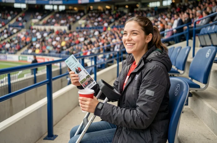 Femme avec une aide à la mobilité assise dans un espace réservé aux personnes handicapées dans un stade lors d'un match