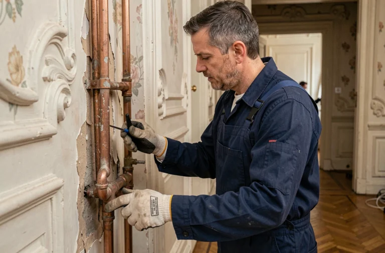 Plombier inspectant des canalisations en cuivre anciennes derrière un panneau en plâtre ornemental dans un appartement classé de Bruxelles