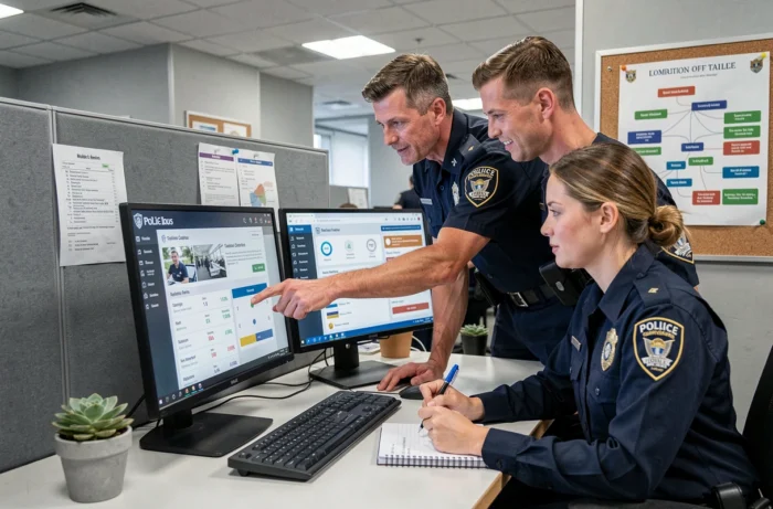 Deux policiers en uniforme collaborant sur un tableau de bord e-campus pour progresser en grade