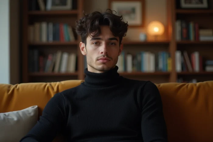 Portrait intimiste d'un jeune artiste français assis dans un appartement parisien décoré avec élégance