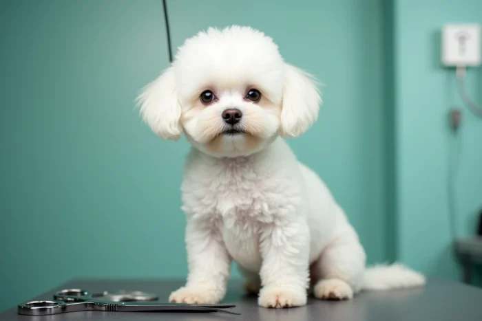 Portrait en gros plan d'un bichon frisé fraîchement toiletté avec ciseaux et peigne de toilettage au premier plan