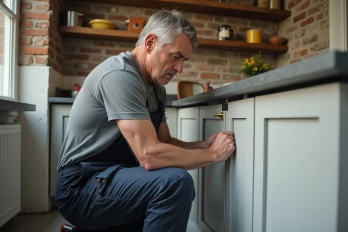 Homme installant un joint de finition PVC entre un plan de travail en pierre et le mur dans une cuisine en cours de rénovation