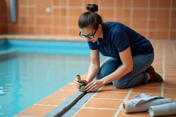 Femme préparant un joint de piscine existant avec un pinceau métallique et du ruban de masquage avant application époxy