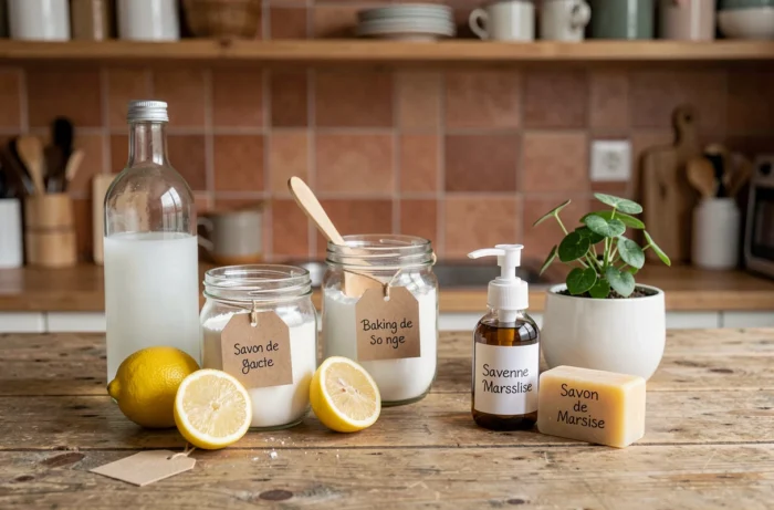 Produits ménagers naturels et écologiques posés sur un plan de travail en bois comme alternatives efficaces au Domestos