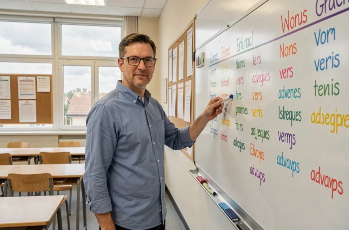 Professeur de français au collège pointant un tableau blanc avec des classes grammaticales colorées devant une salle de classe vide