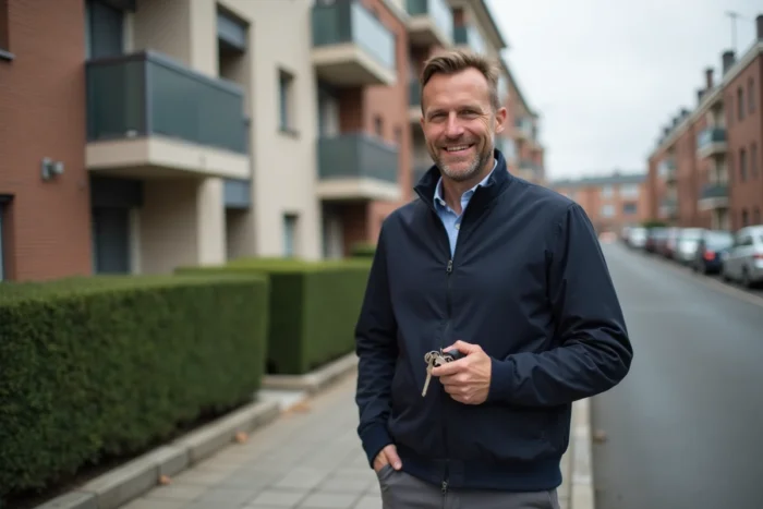 Propriétaire tenant des clés devant un immeuble résidentiel moderne dans une ville française