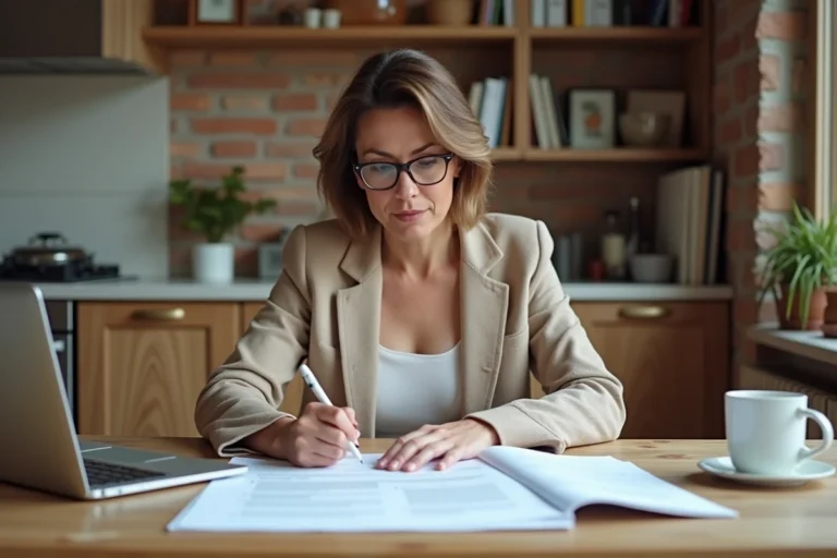 Propriétaire en train de lire un contrat de location de sa résidence principale dans son appartement