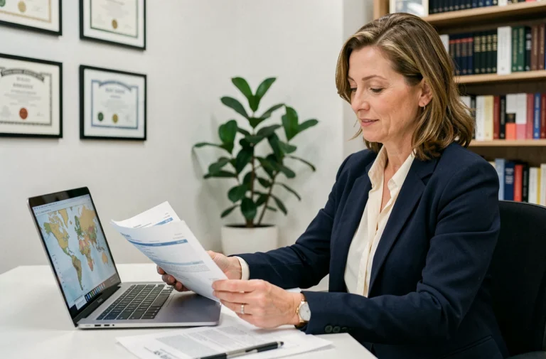 Psychologue professionnelle examinant des rapports de salaires internationaux dans un cabinet moderne en 2025