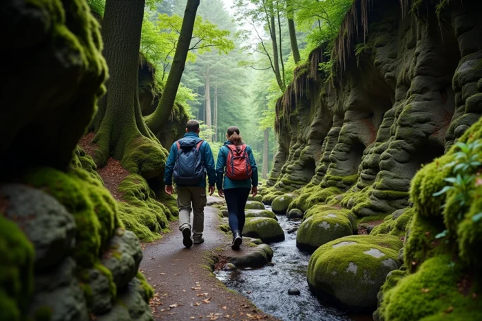 Couple de randonneurs explorant les formations rocheuses de grès du Mullerthal, la Petite Suisse luxembourgeoise