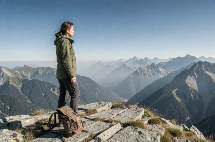 Randonneuse au sommet des Pyrénées contemplant un panorama de crêtes montagneuses en France