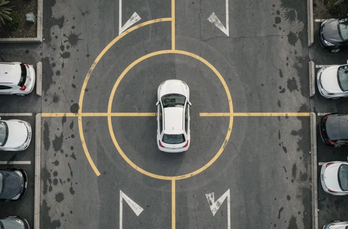 Vue aérienne d'un SUV blanc réalisant un demi-tour dans un parking, montrant le rayon de braquage et les dimensions au sol