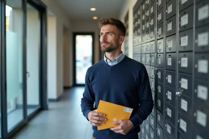Un homme récupère ses courriers redirigés dans la boîte aux lettres de son immeuble grâce au service de transfert temporaire La Poste