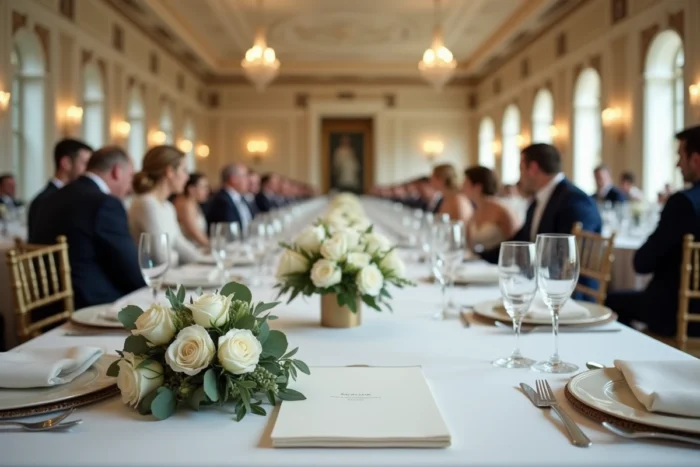 Salle de réception de mariage élégante dans un manoir français avec tables dressées et invités en arrière-plan