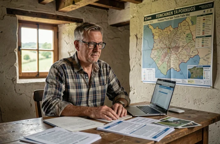 Homme recherchant des biens immobiliers en région sur ordinateur avec carte et annonces papier