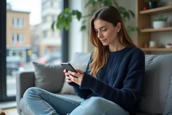 Femme cherchant la nouvelle adresse d'un site web sur son smartphone depuis son salon, illustrant la recherche d'une alternative après une panne de site
