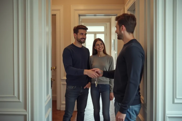 Propriétaire remettant les clés de son appartement en location à un couple de locataires