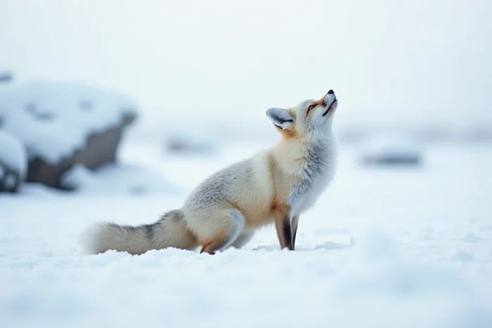 Renard arctique blanc glapissant dans la toundra enneigée, photographie animalière réaliste
