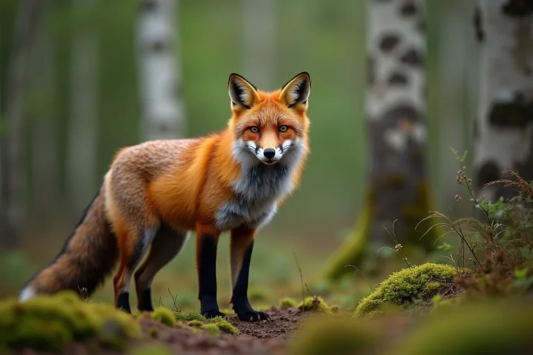 Renard roux en forêt la gueule ouverte en train de glapir, portrait animalier hyper-réaliste