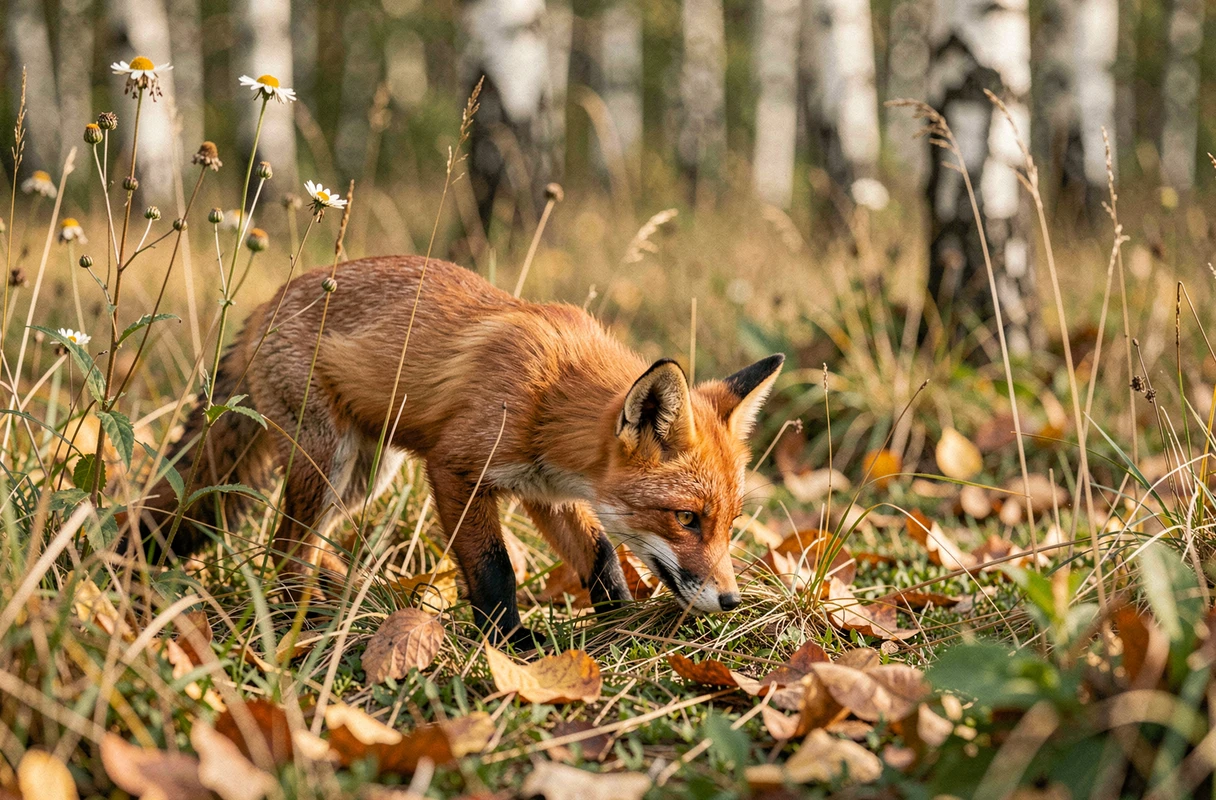 Renardeau roux curieux explorant une clairière forestière entourée de fleurs sauvages et de feuilles d'automne