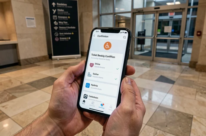 Mains tenant un smartphone affichant une réservation de places accessibles aux personnes handicapées dans un stade