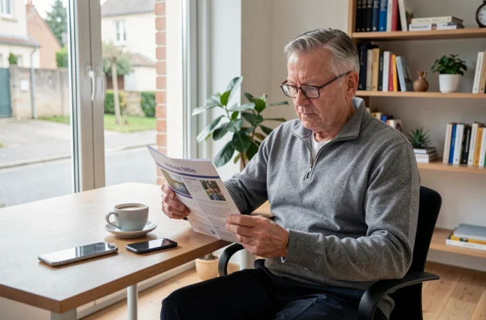 Retraité SNCF lisant une brochure sur les avantages et aides disponibles pour les ayants droit