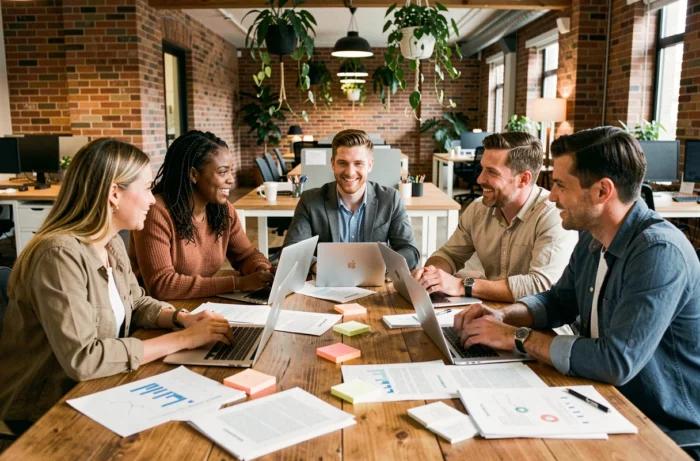 Groupe de professionnels adultes réunis autour d'une table dans un espace de travail coopératif moderne, collaborant sur des documents et des ordinateurs portables