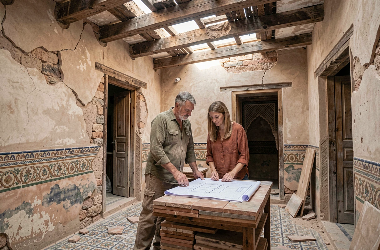 Couple inspectant un riad à rénover dans la médina de Marrakech avec des murs en plâtre brut et poutres en bois