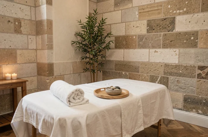 Salle de massage bien-être préparée dans un centre parisien avec table de massage et décoration zen
