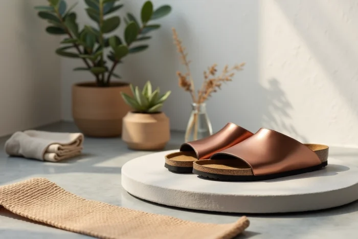 Paire de sandales Birkenstock Gizeh en cuivre métallisé posées sur une surface en pierre dans un espace bien-être minimaliste, mettant en avant le soutien de la voûte plantaire et le design ergonomique