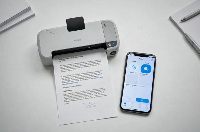 Vue aérienne d'un scanner portable et d'une application de numérisation sur smartphone posés sur un bureau minimaliste blanc