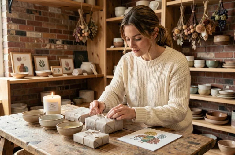 Femme arrangeant une sélection de créations artisanales et cadeaux originaux sur une table en bois dans une boutique cosy