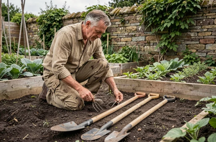 Jardinier expérimenté sélectionnant ses outils à long manche dans un potager bien entretenu