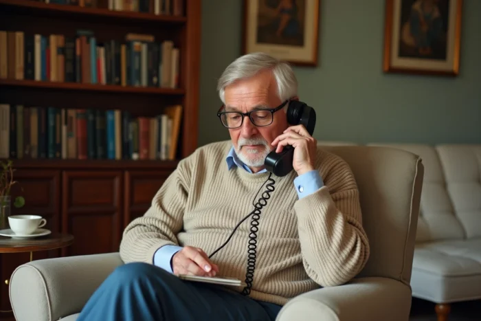 Personne âgée composant le numéro de la Sécurité sociale sur un téléphone sans fil dans son salon