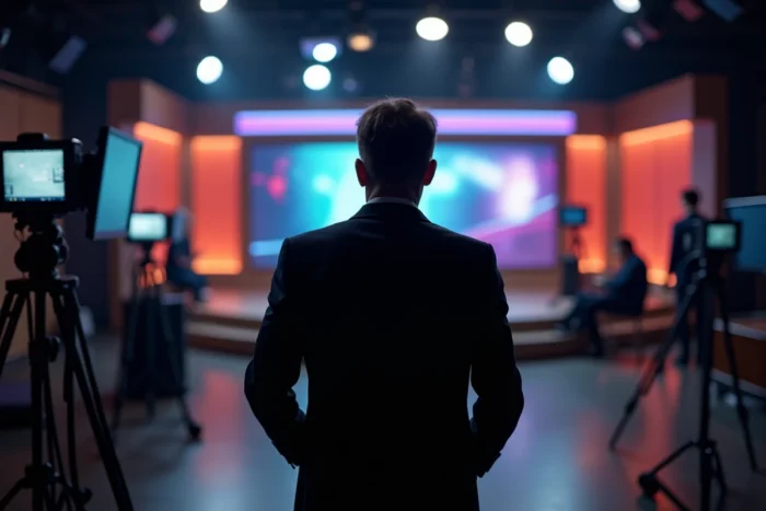 Silhouette masculine dans les coulisses d'un studio de télévision, symbolisant le mystère et la frontière entre vie publique et vie privée d'un animateur célèbre
