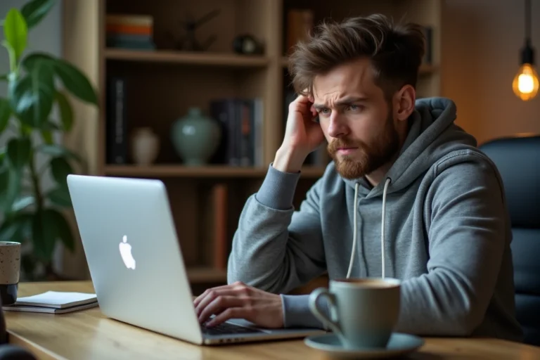 Homme frustré devant un écran d'ordinateur affichant une erreur de page introuvable, symbolisant un site web inaccessible comme Padraz
